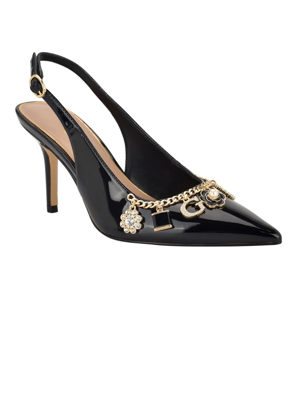 Guess Black Patent Slingback Pump with Gold Charm Chain Accents